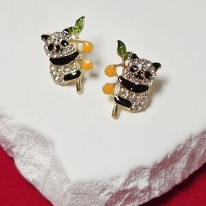 Rhinestone Panda Stud Earrings Persimmon Tree 🐼 Sparkly Cute Animal Jewelry NWT